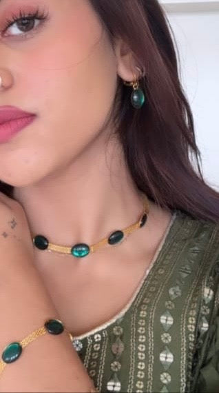 Oval Green Crystal Pendant Necklace Set With Bracelet