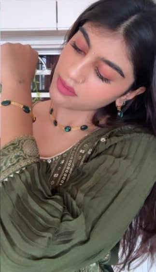 Oval Green Crystal Pendant Necklace Set With Bracelet